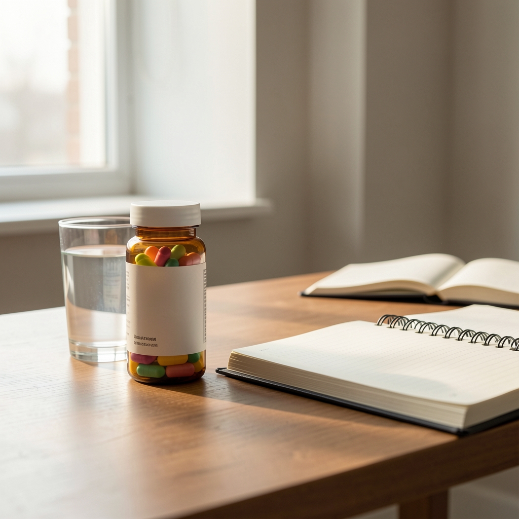 Morning desk setup with vitamin supplement container, glass of water, and open notebook in soft natural window light