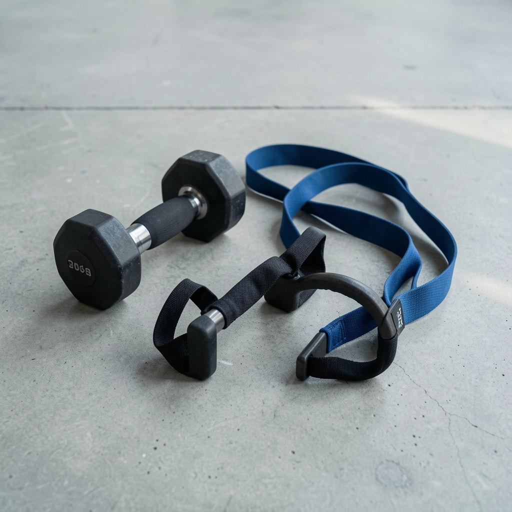 Weights and resistance band arranged on a clean concrete surface, editorial flat lay with natural side lighting