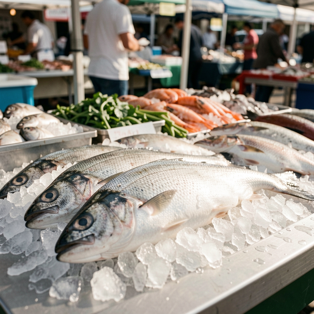 Fresh fish on a market surface with ice, editorial composition in natural morning light capturing dietary omega-3 sourcing