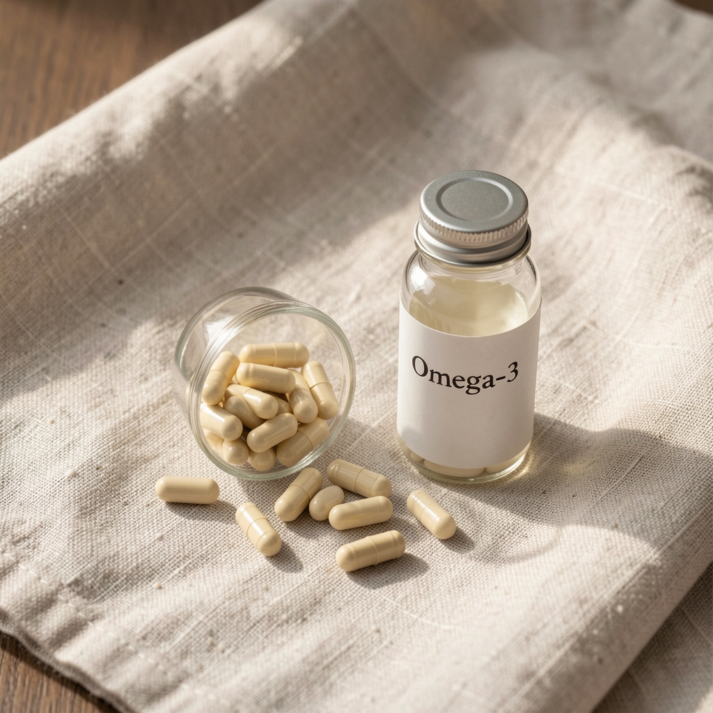Omega-3 supplement portions and a small glass bottle on a pale linen cloth, editorial still life composition