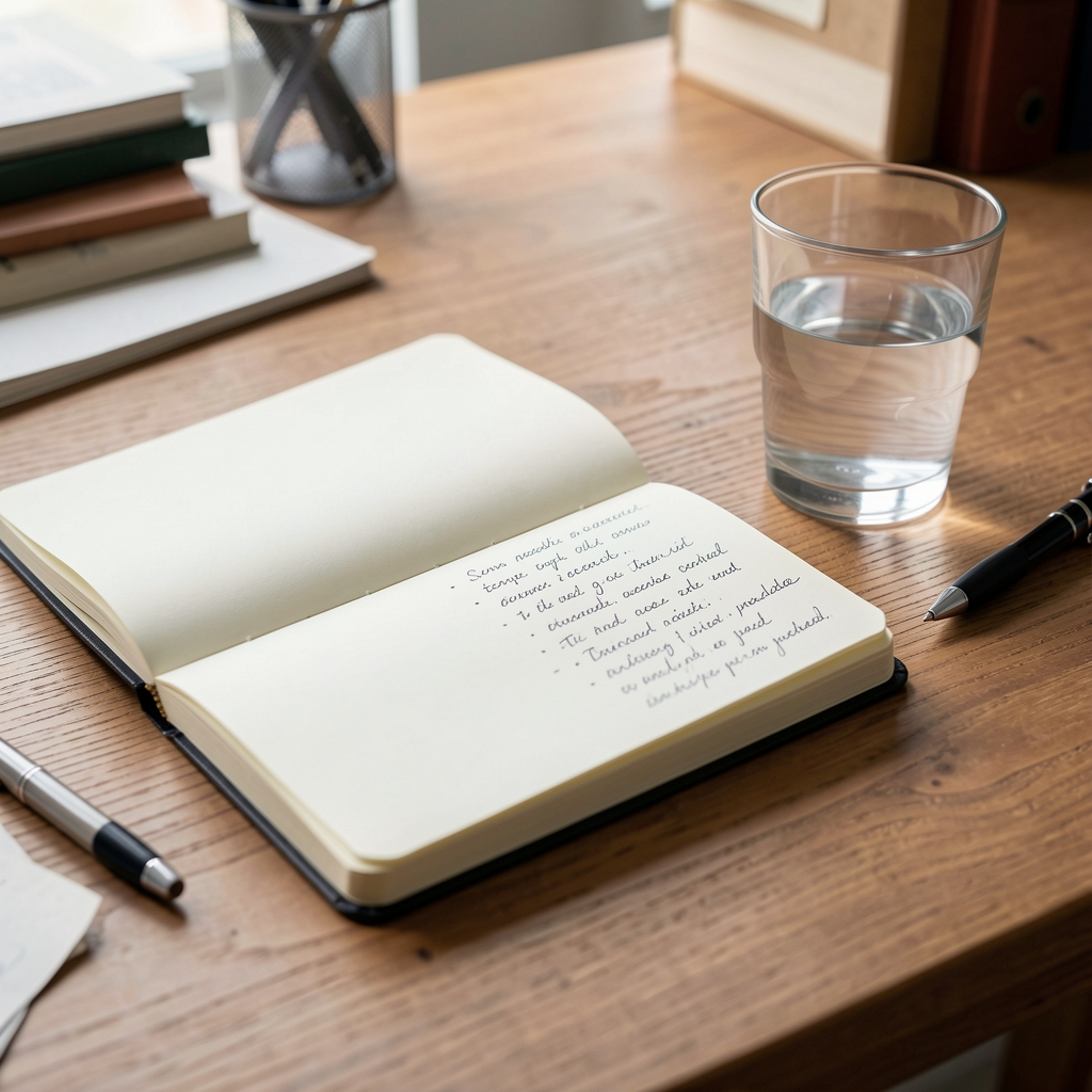Open notebook with handwritten supplement notes beside a glass of water on a wooden editorial desk